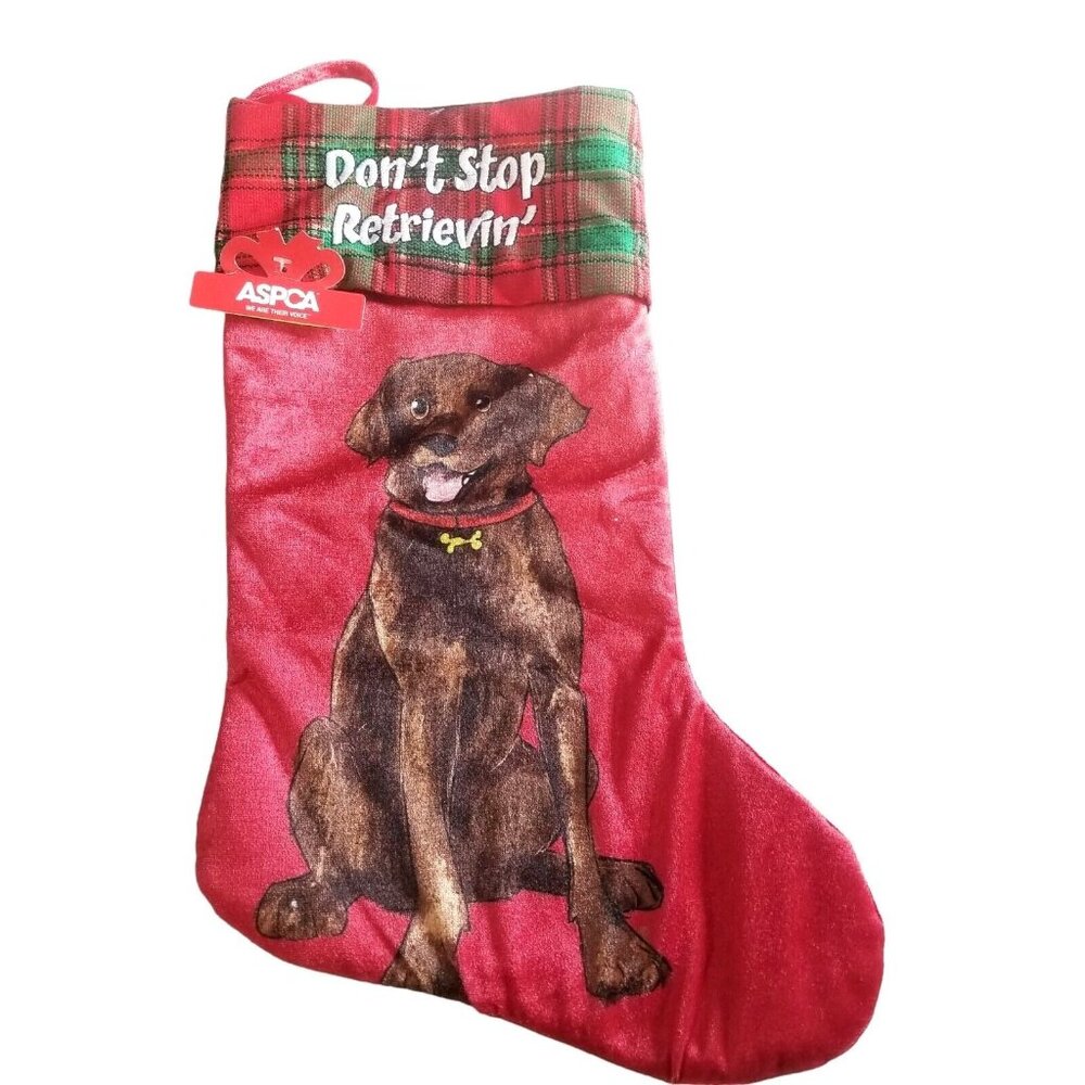 Retriever Dog Christmas Stocking Red Velour Plaid Cuff Don't Stop Retrievin' 16"